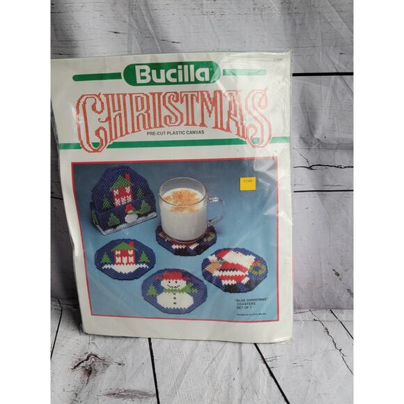 Bucilla Blue Christmas Coasters Set of 7 Pre-cut Plastic Canvas #61080 New - Picture 1 of 4